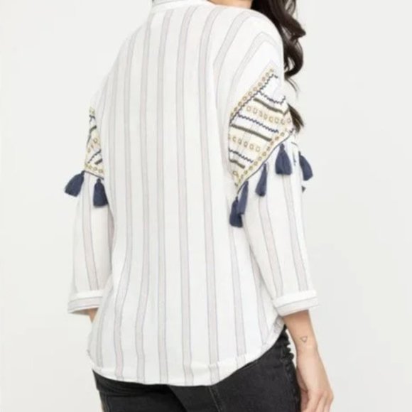 Shyanne White Top with Red/Blue Pinstripe Country Embroidered Tassels - Picture 3 of 15